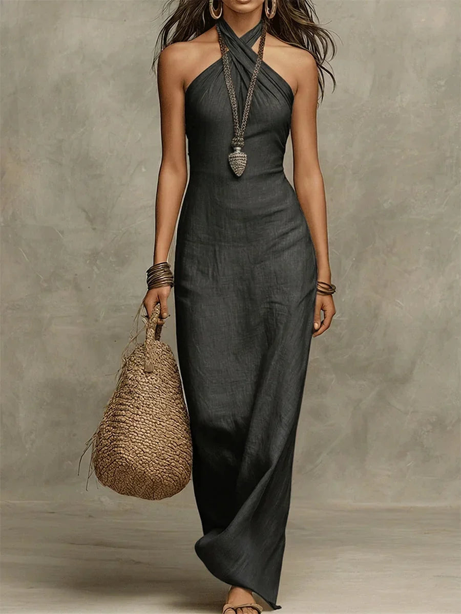 Avelina halter-neck maxi dress in black, full-length front view