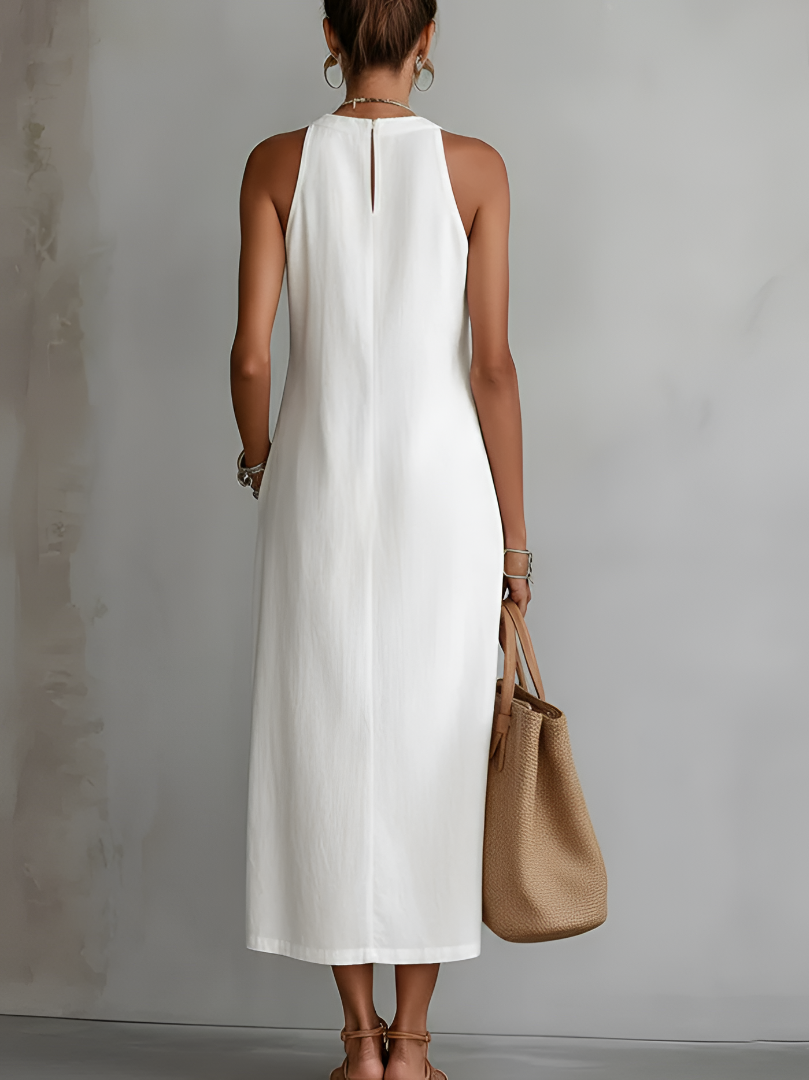 Jimena midi dress in white, back view showing keyhole neck opening