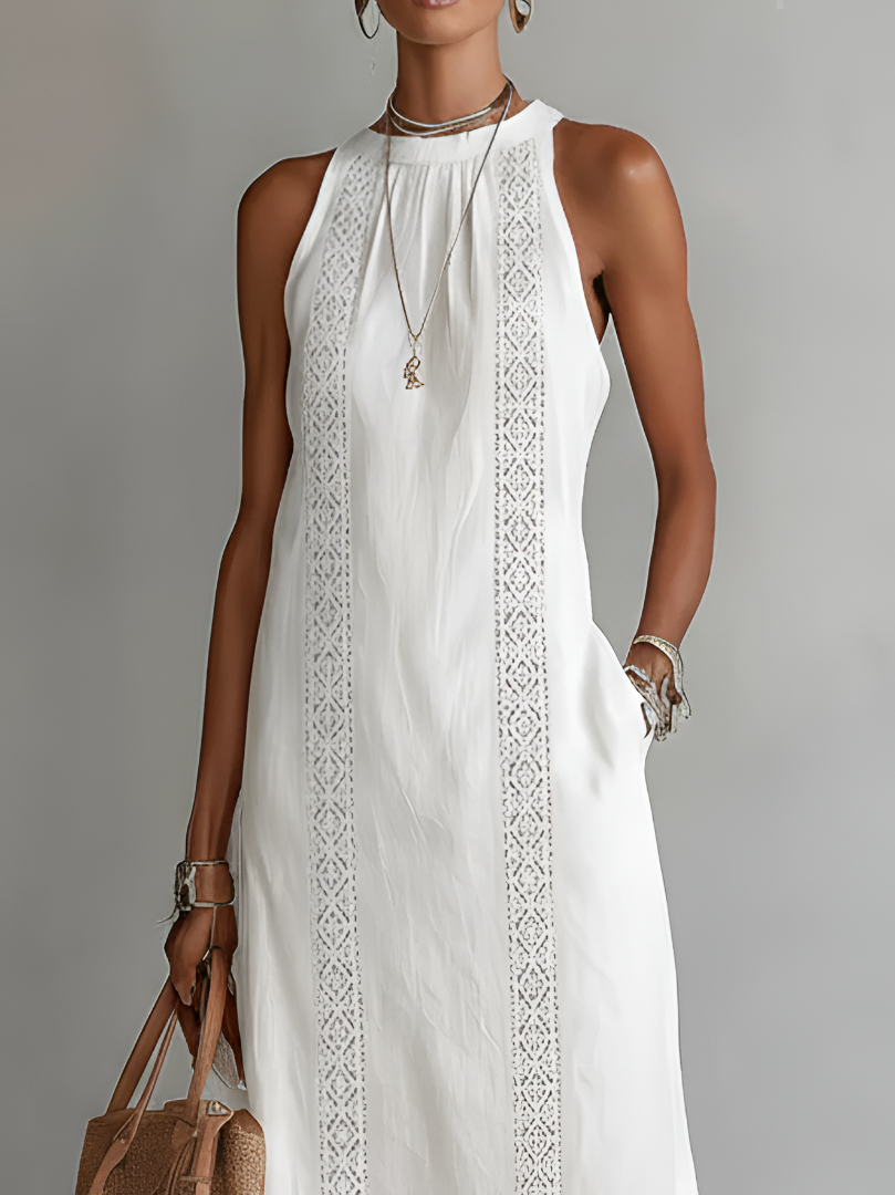 Jimena midi dress in white, close-up of Mao collar and lace detail
