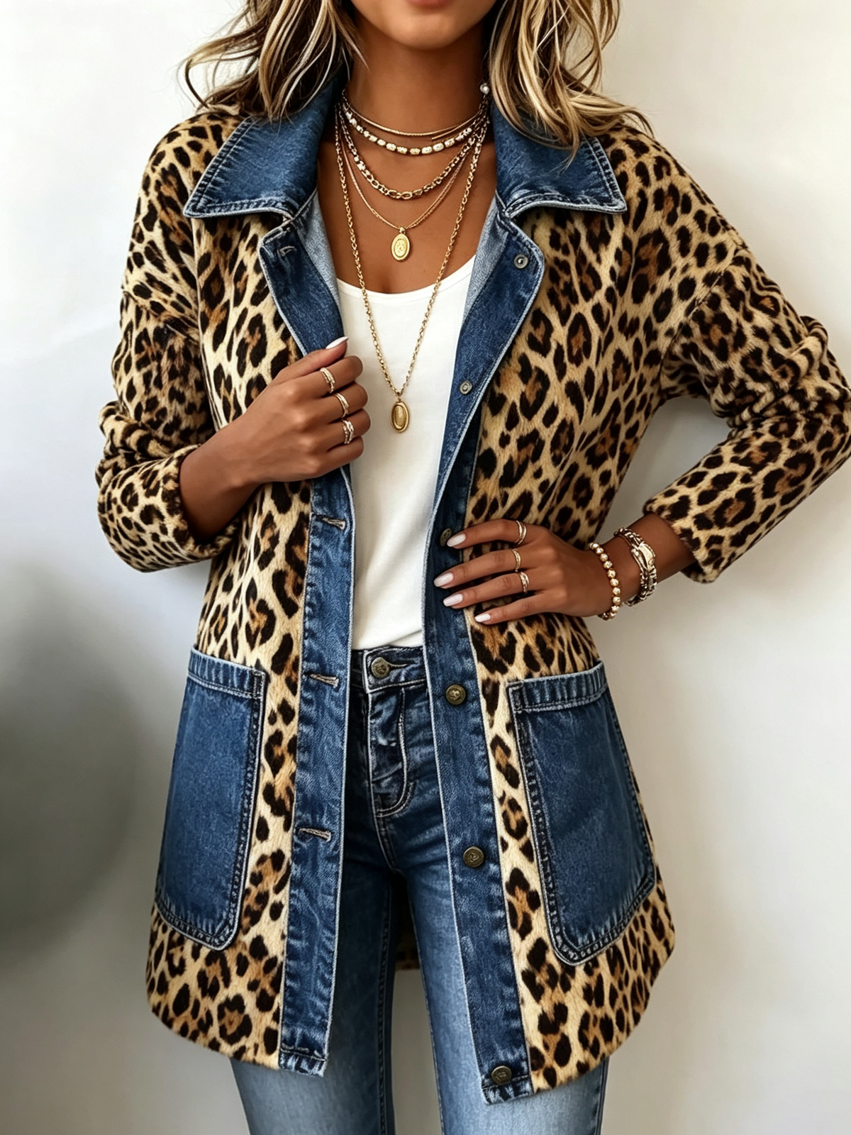 Lorena long leopard denim jacket worn open over a white vest and jeans