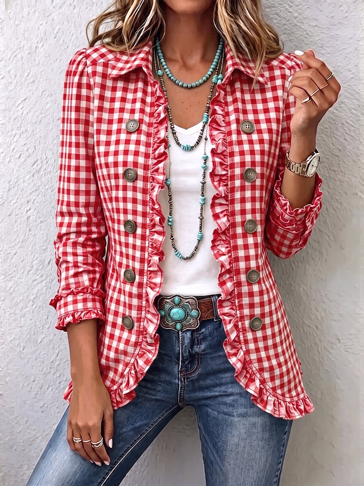 Purificación gingham ruffle jacket in red, front view showing button rows