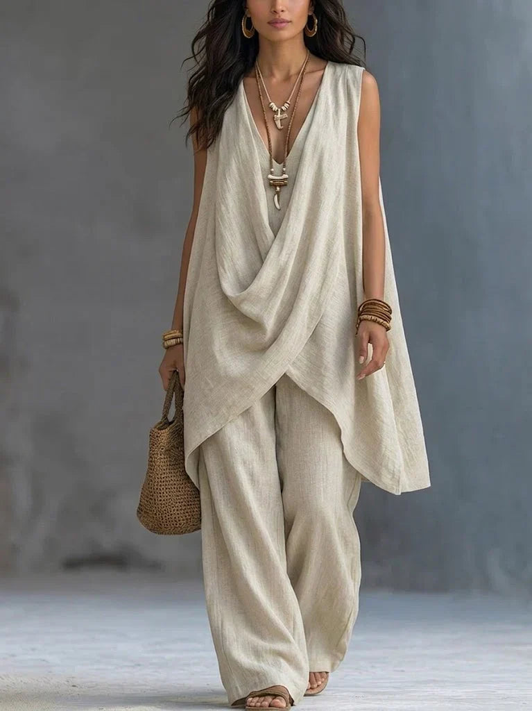 Bohemian loose co-ord set in beige, draped crossover top with wide-leg trousers, front view