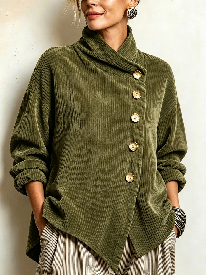 Clemmie corduroy high-neck tunic in olive green, front view with diagonal buttons