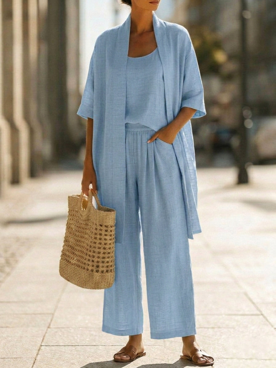 Lorrin three-piece set in light blue, kimono and wide-leg trousers street view