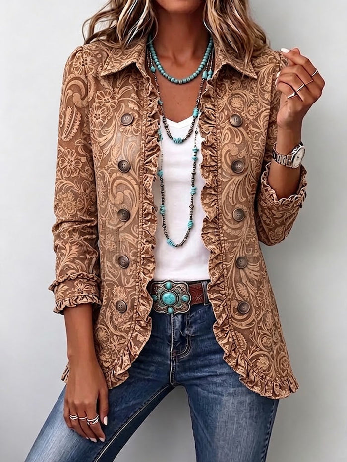 Concepción vintage floral ruffle jacket in brown, front view worn with jeans