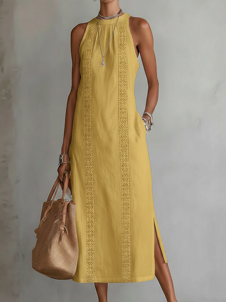 Chloe sleeveless midi dress in yellow, full-length front view