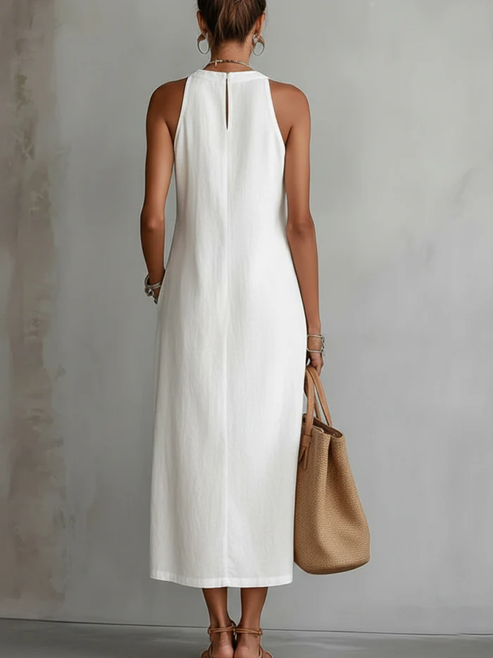 Chloe midi dress in white, back view with keyhole closure