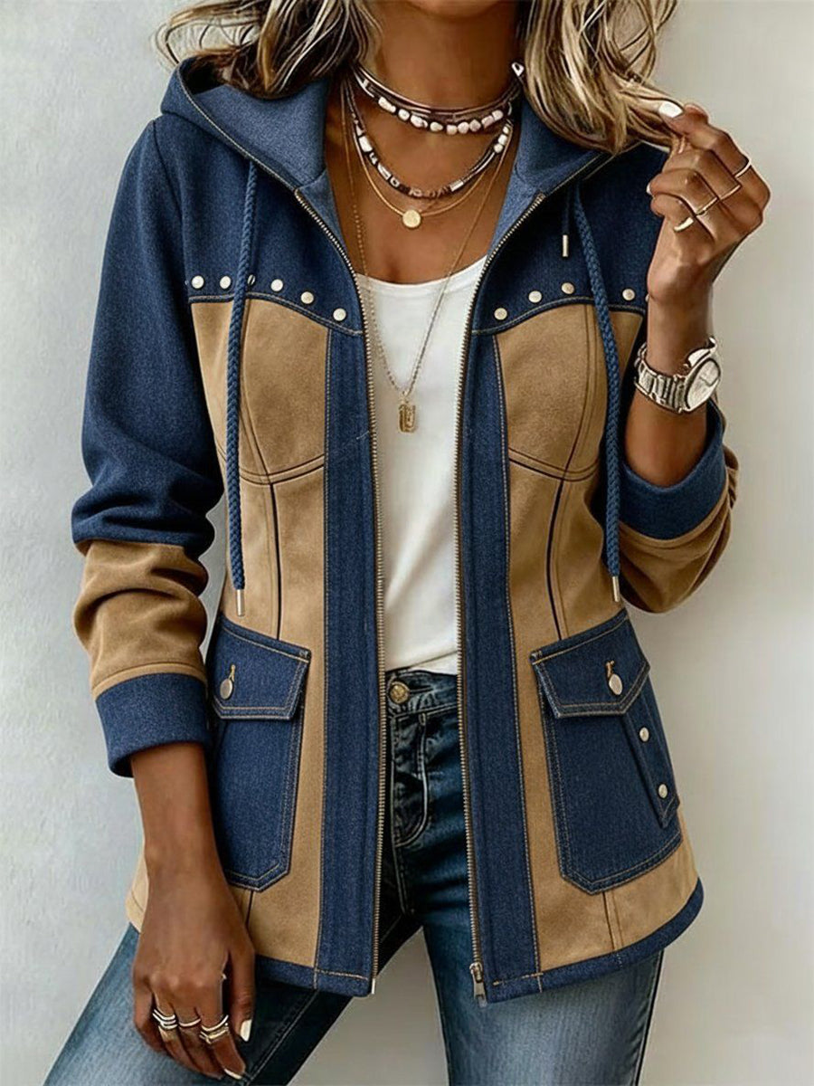Adriana hooded jacket in navy and camel, front view worn open with jeans