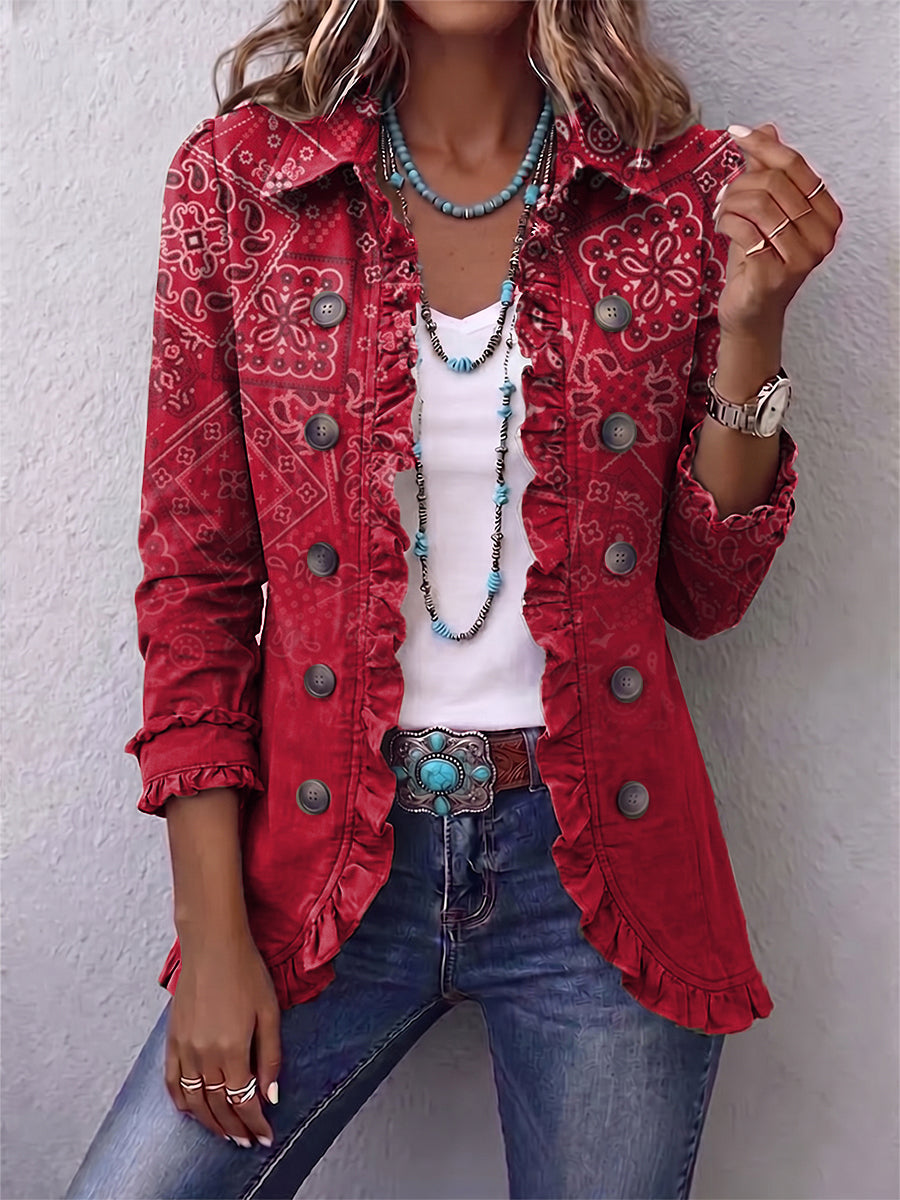 Clotilde ombre paisley ruffle jacket in red, front view worn with jeans