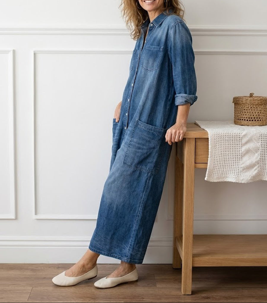 Diana denim jumpsuit in blue, side view with rolled sleeves