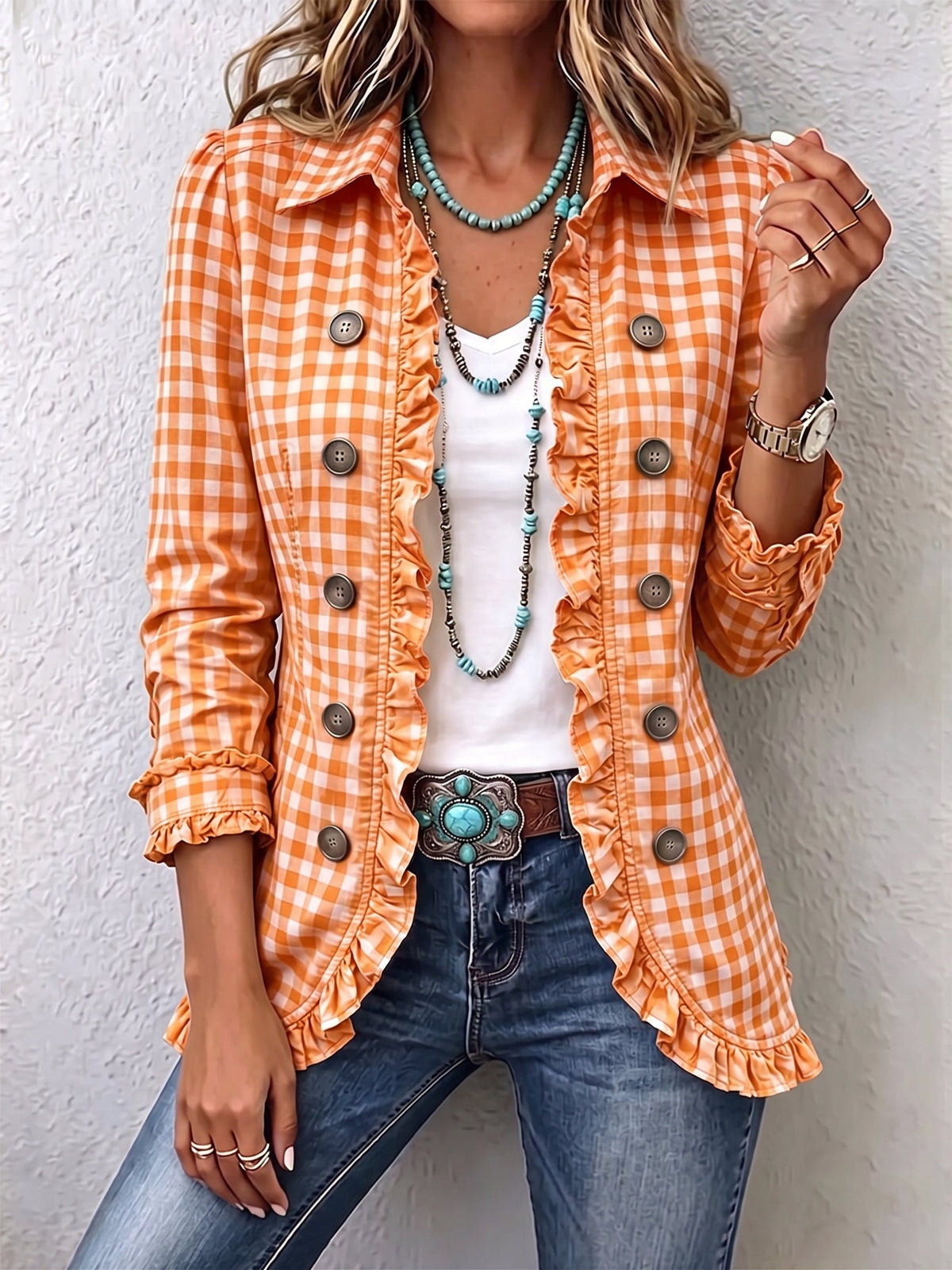 Purificación gingham ruffle jacket in orange, front view with jeans