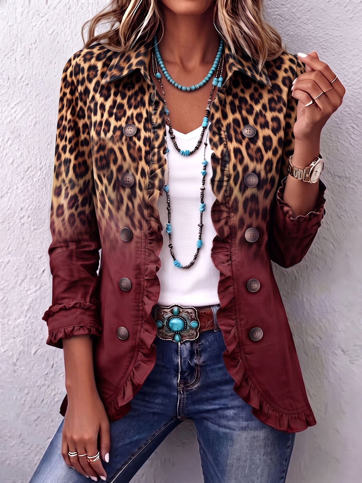 Tomasa ombre leopard blazer in burgundy, front view with ruffled trim and double-breasted buttons