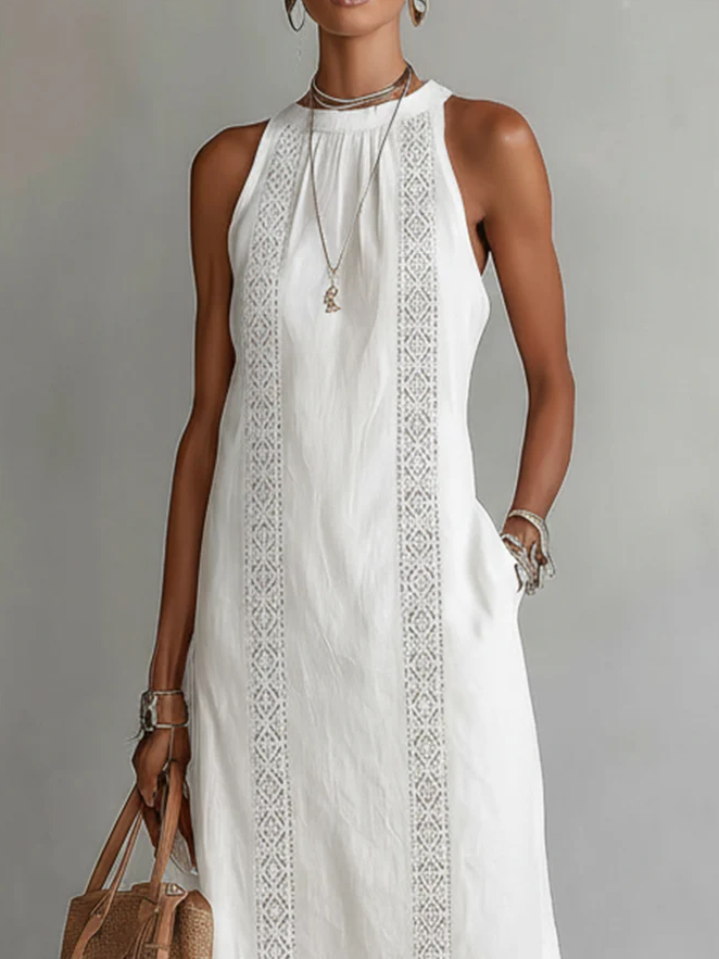 Chloe midi dress in white, close-up of mandarin collar and bodice