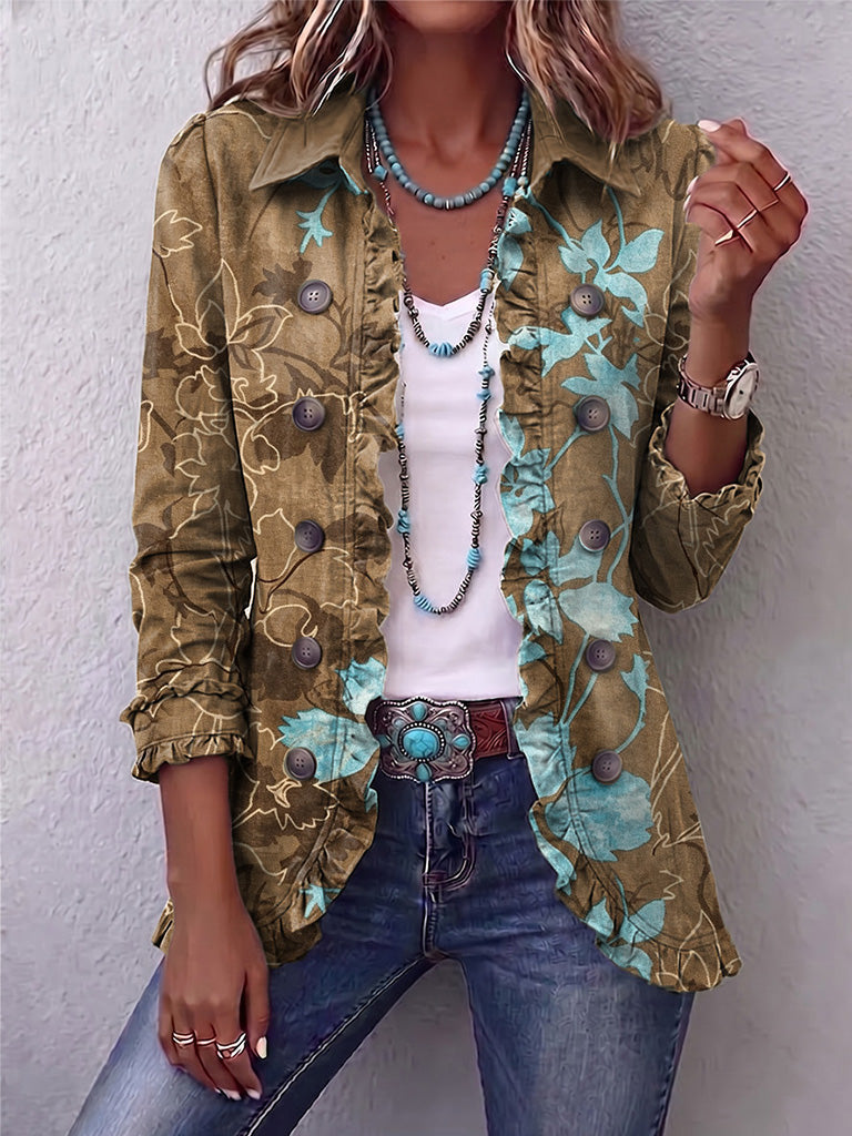 Salud ombre floral ruffle jacket in olive and turquoise, front view