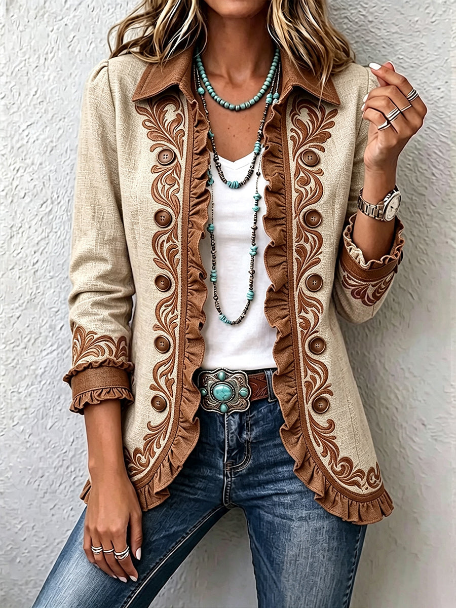 Almudena embroidered floral jacket in tan and brown, front view worn with jeans