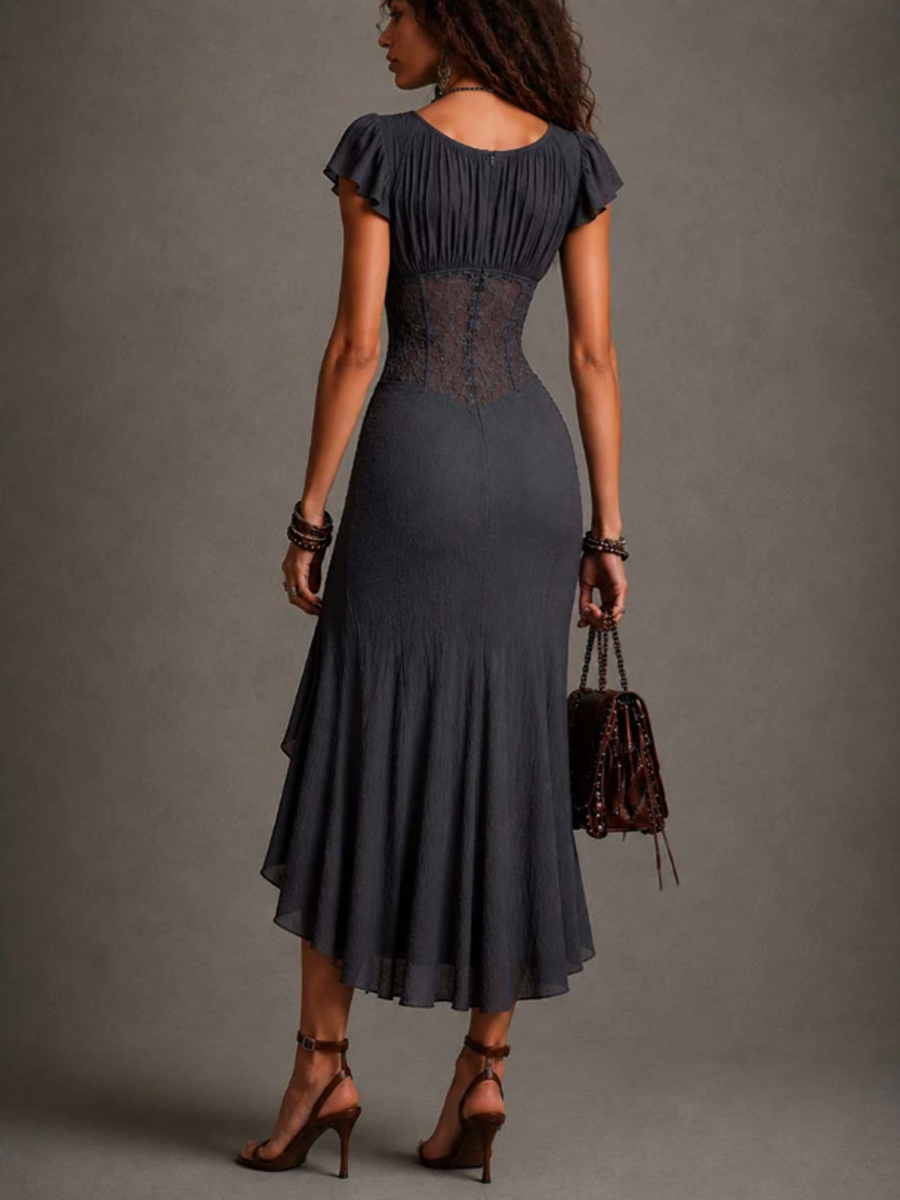 Carmen midi dress in charcoal grey, back view showing lace waist panel