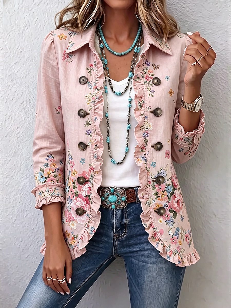 Araceli floral ruffle jacket in pink, front view worn open over a white top