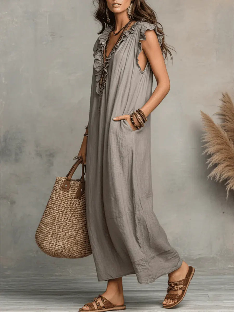 Cecilia summer maxi dress in grey, side view showing pocket