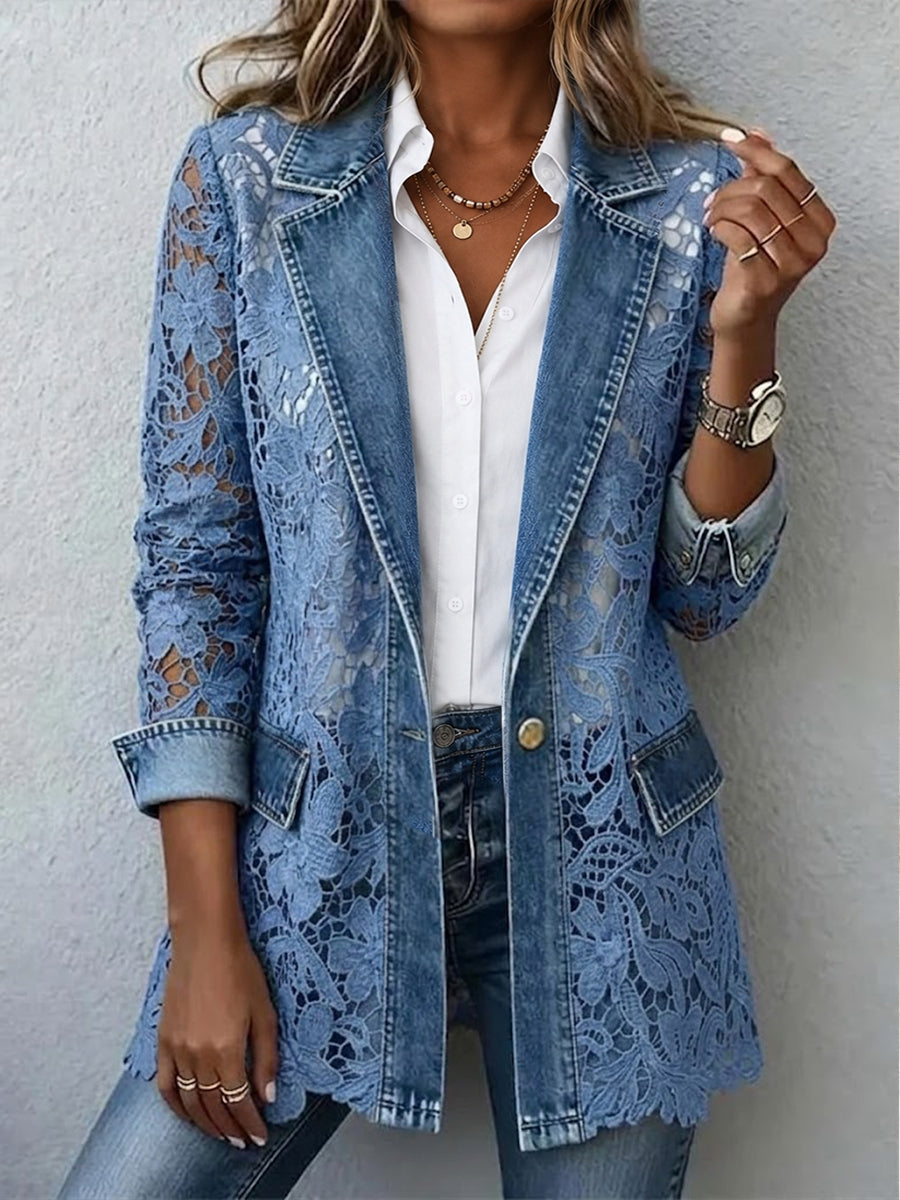 Alicia floral lace blazer in denim blue, front view worn open over a white shirt