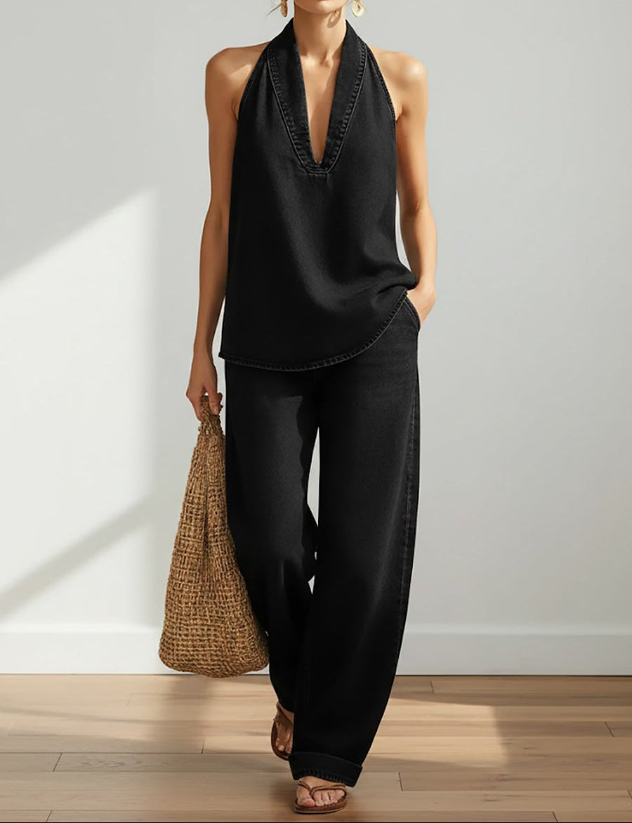 Ivy halter top and wide-leg trousers in black, front view