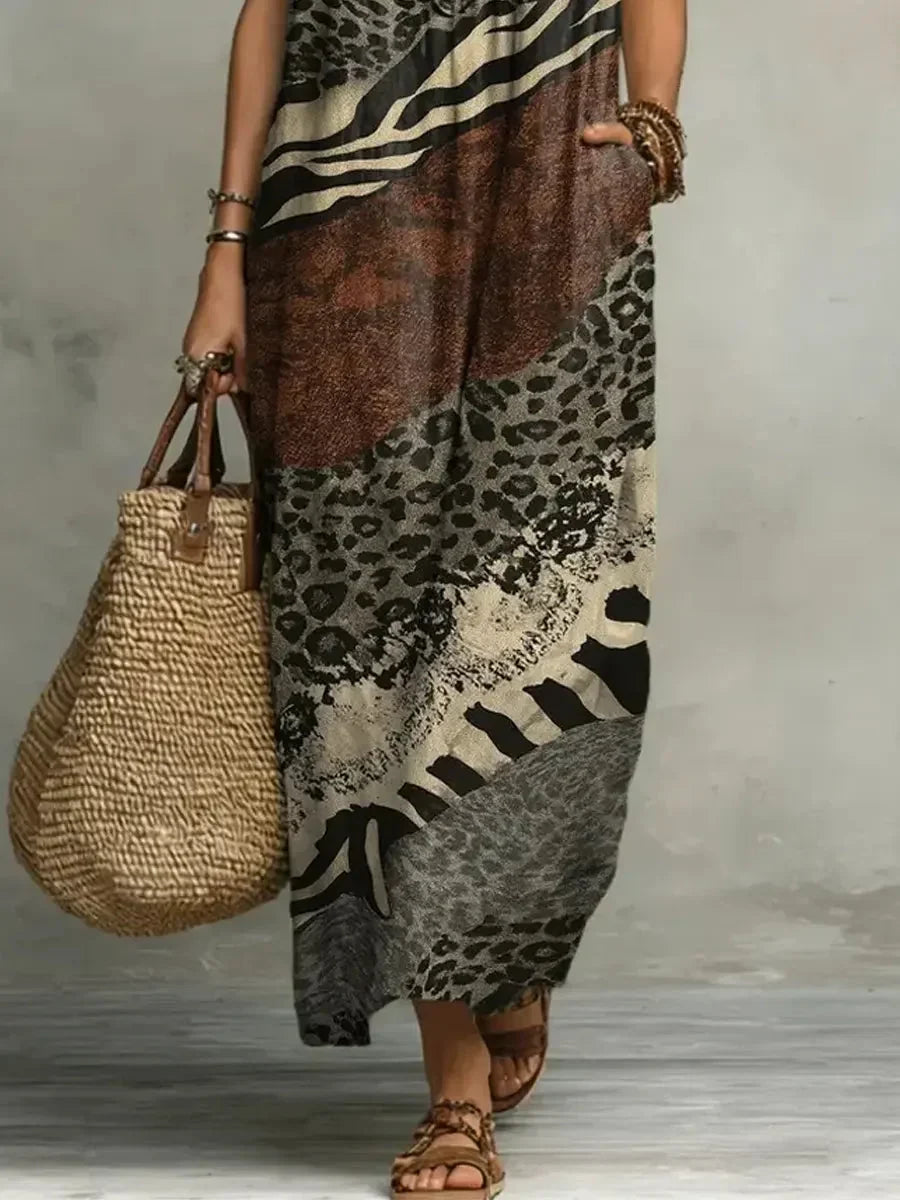 Zola mixed print maxi dress, lower skirt and hem detail with sandals