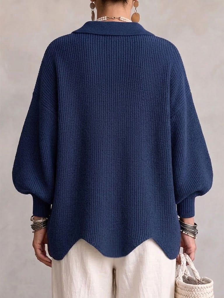 Victoire oversized cardigan in navy blue, back view showing scalloped hem