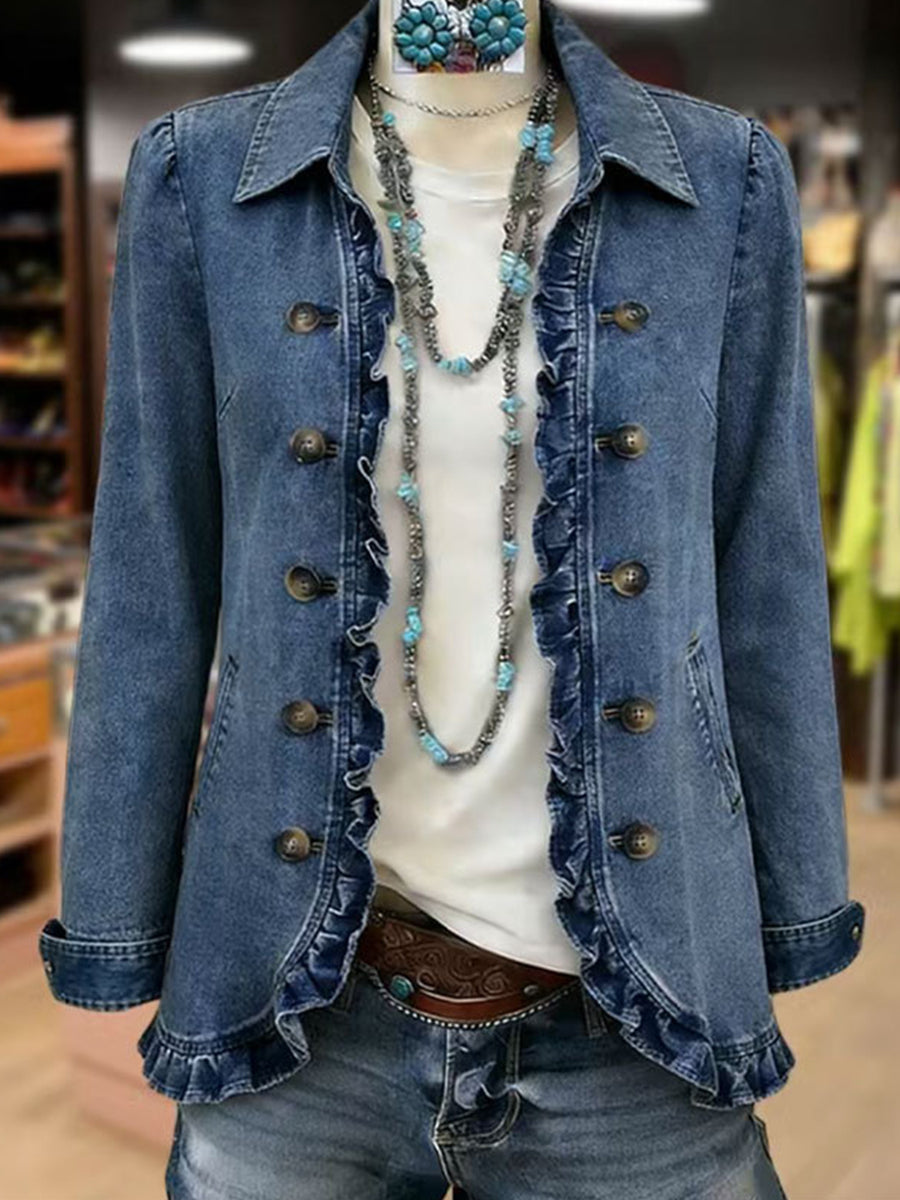 Rosario ruffle jacket in mid blue, front view showing buttons and ruffle hem