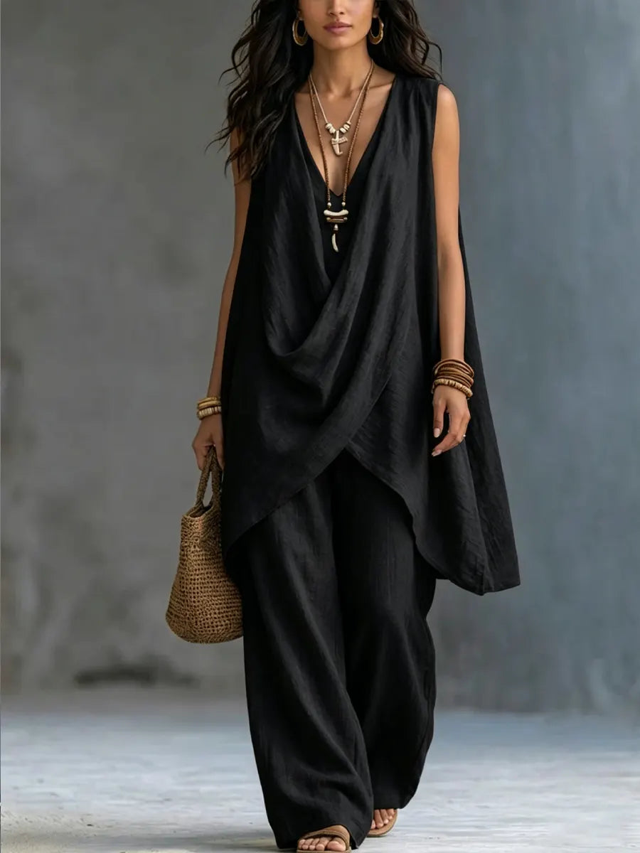 Bohemian loose co-ord set in black, sleeveless V-neck top and wide-leg trousers, front view