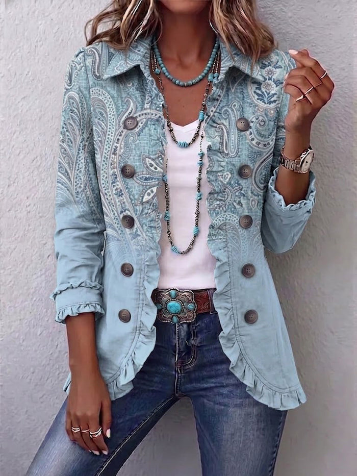Remedios vintage paisley ruffle jacket in sky blue, front view worn open over a white top
