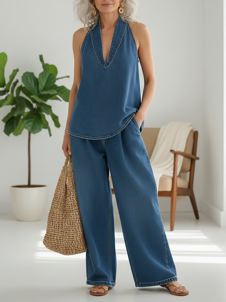 Ivy halter top and wide-leg trousers in blue, styled indoors