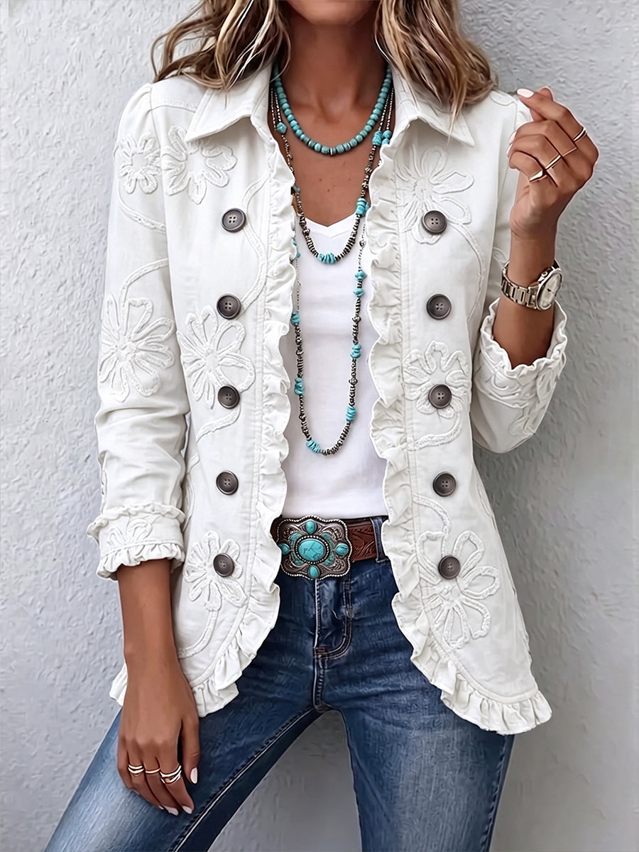 Marisol ivory embroidered ruffle jacket worn open with jeans, front view