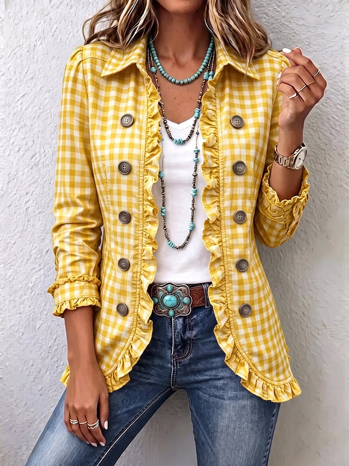 Purificación gingham ruffle jacket in yellow, front view with ruffled hem