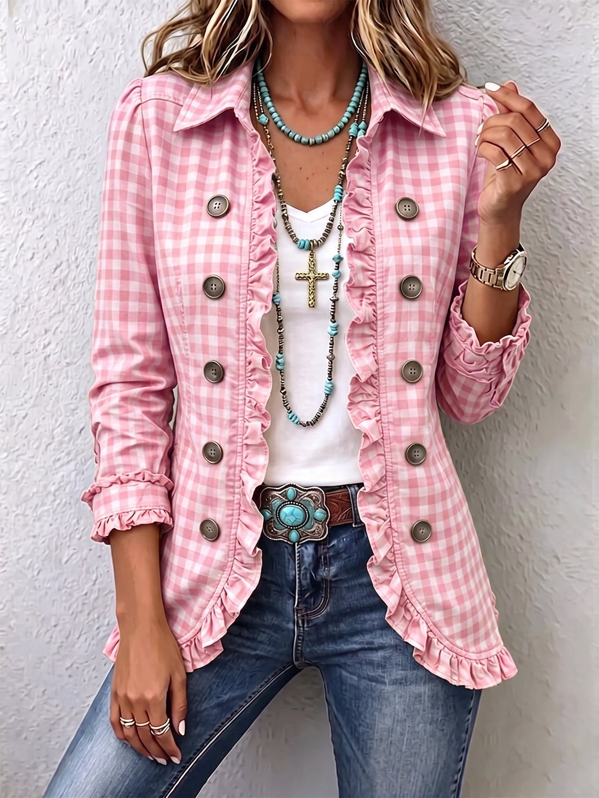 Purificación gingham ruffle jacket in pink, front view