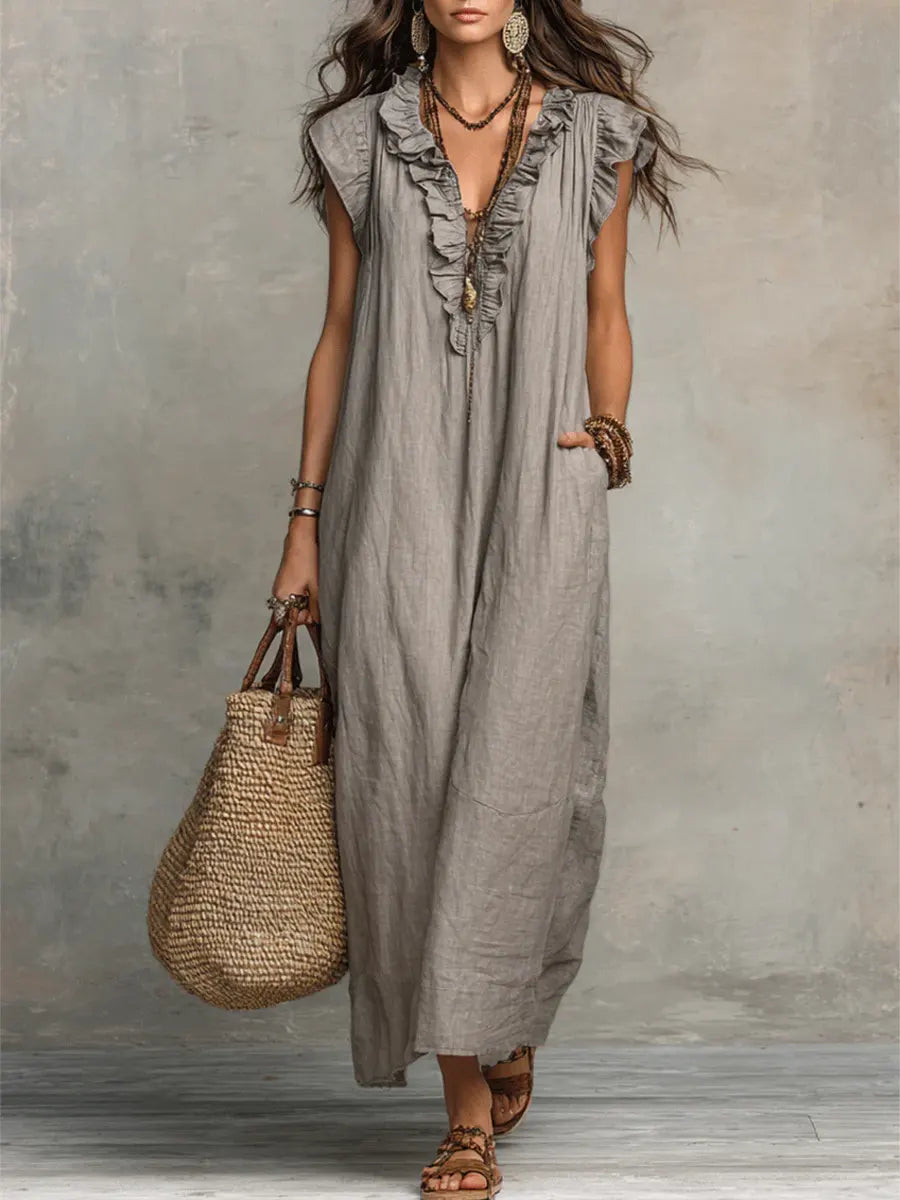 Cecilia summer maxi dress in grey, full-length front view