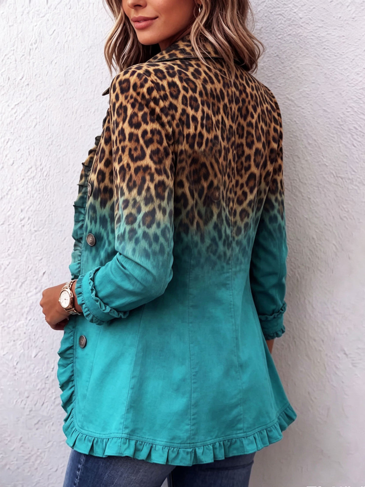 Mercedes ombre leopard blazer in turquoise, back view with ruffled hem