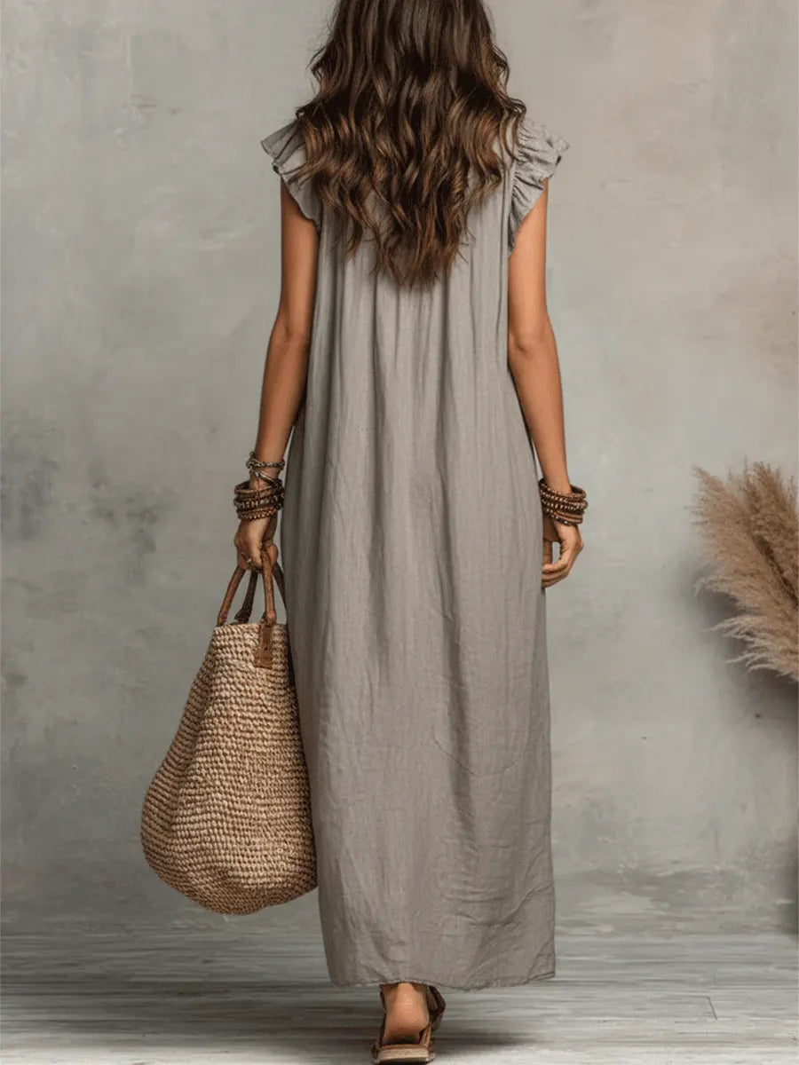 Cecilia summer maxi dress in grey, back view
