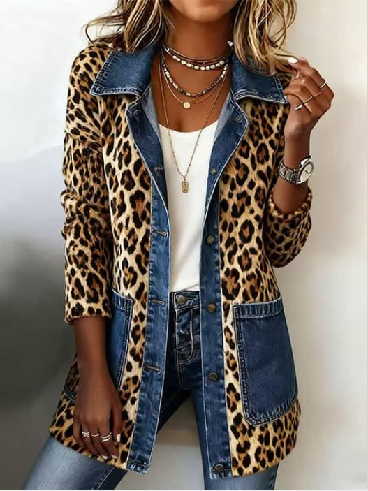 Lorena leopard print jacket with denim collar and patch pockets, front view