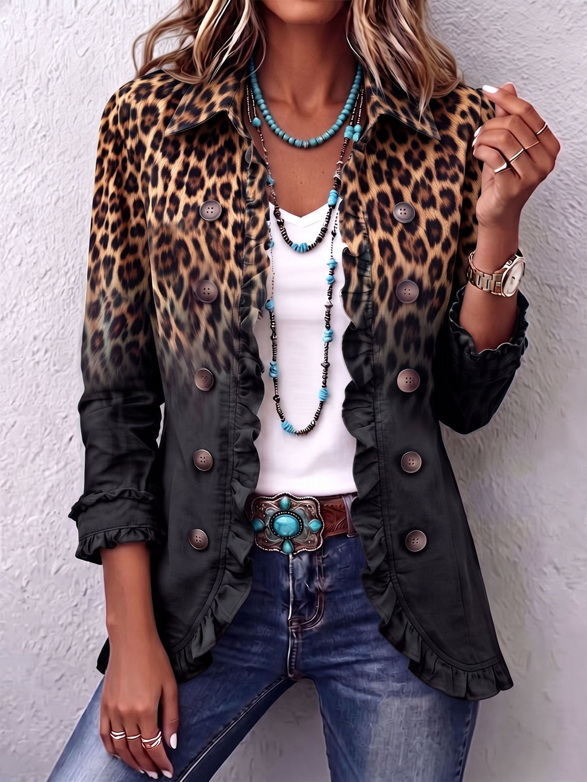 Sabina ombre leopard ruffle blazer in black, worn open, front view