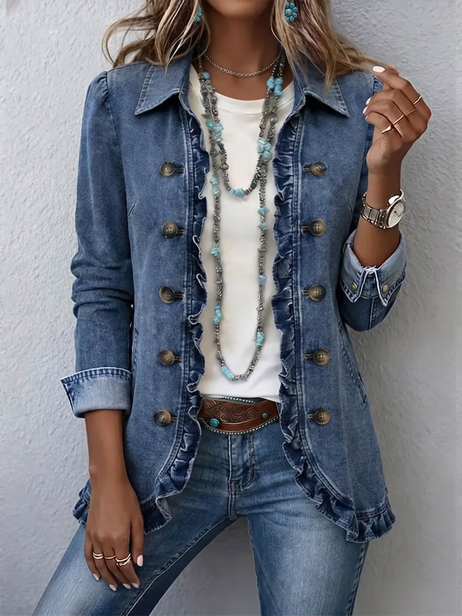 Rosario ruffle jacket in mid blue, worn open over a white top, front view