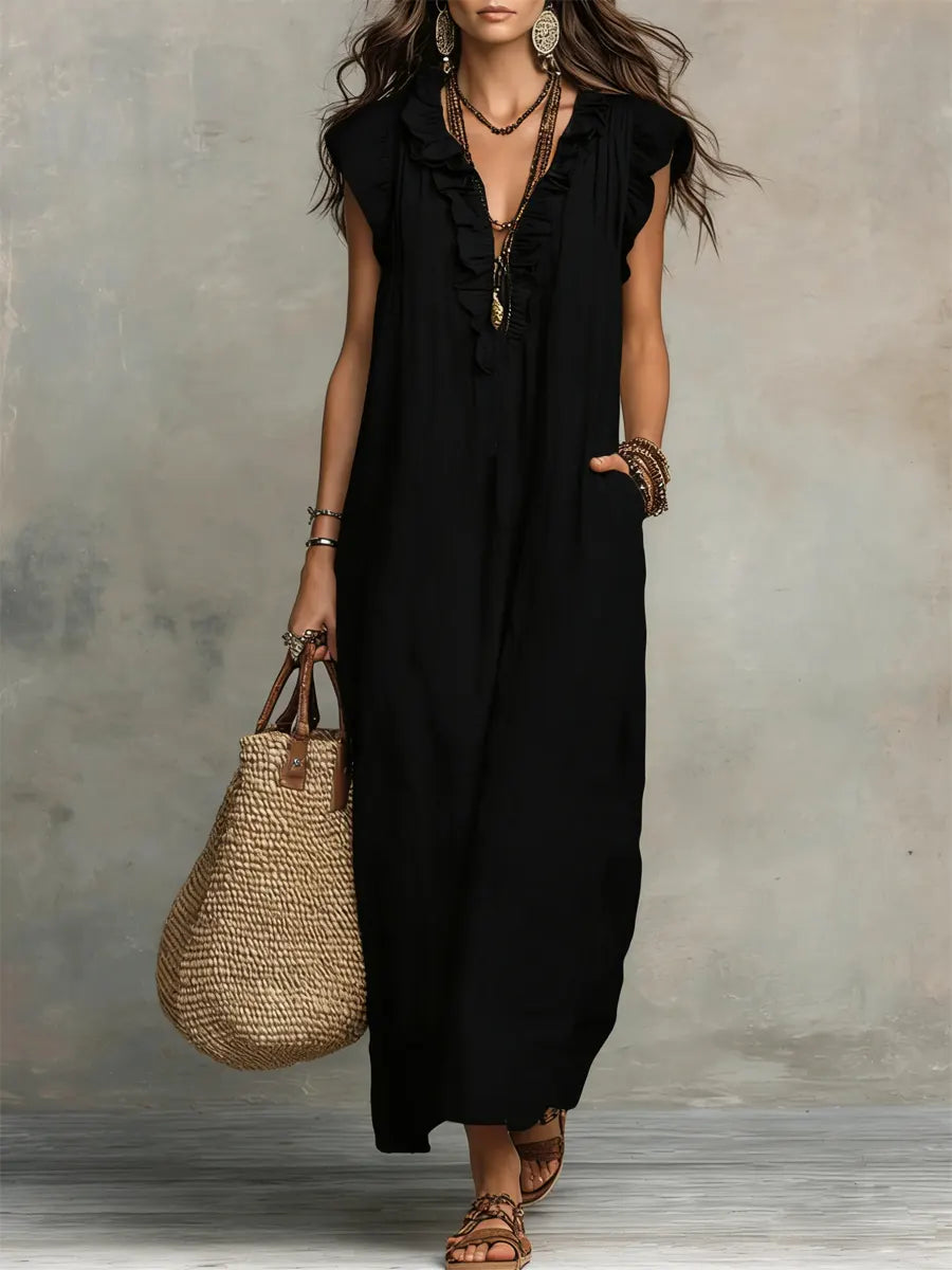 Cecilia summer maxi dress in black, full-length front view