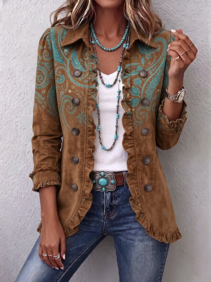 Macarena paisley ruffle jacket in brown, front view worn with jeans