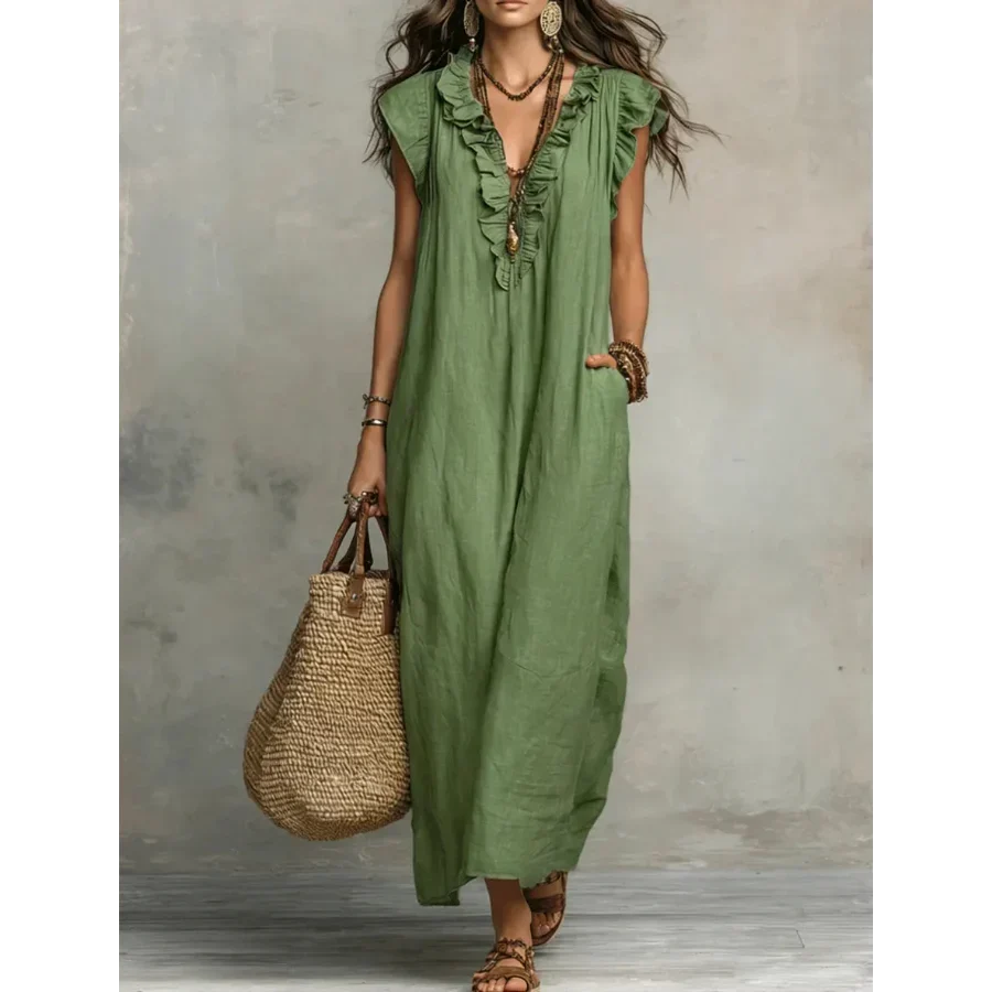 Zoe | Long Linen-Look Ruffle V-Neck Dress