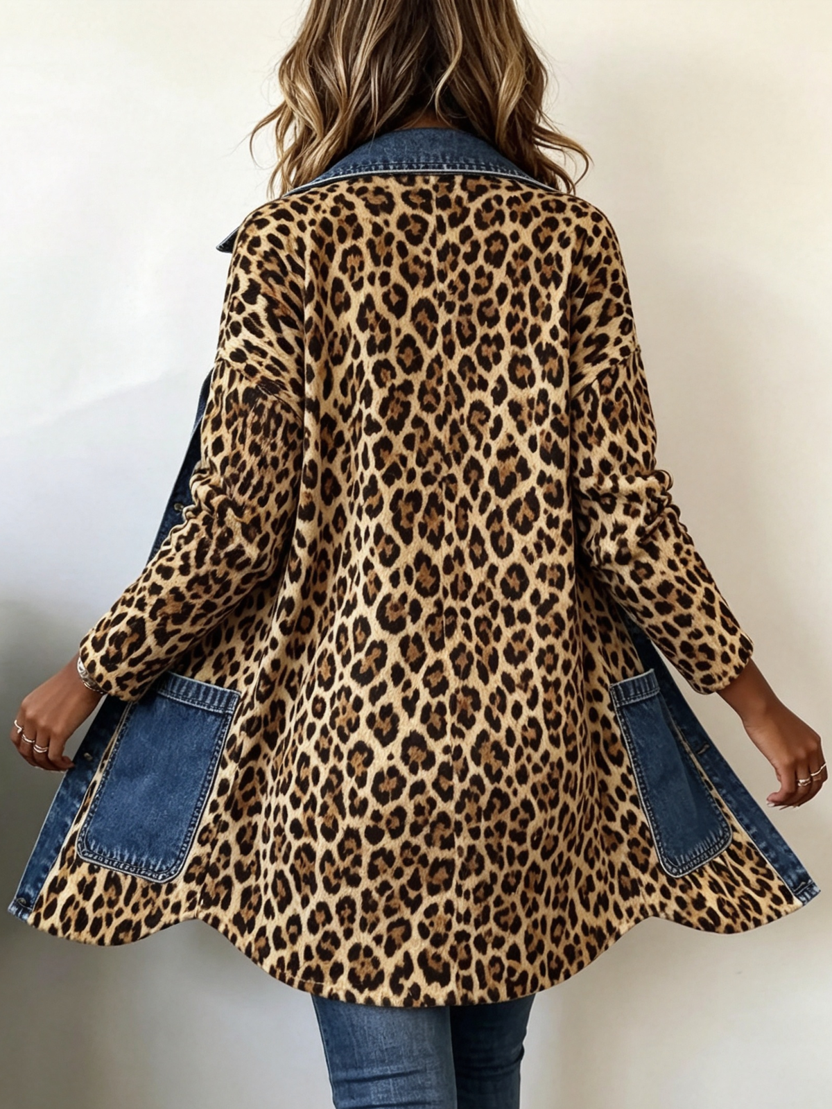 Lorena leopard denim jacket back view showing long cut and denim pockets