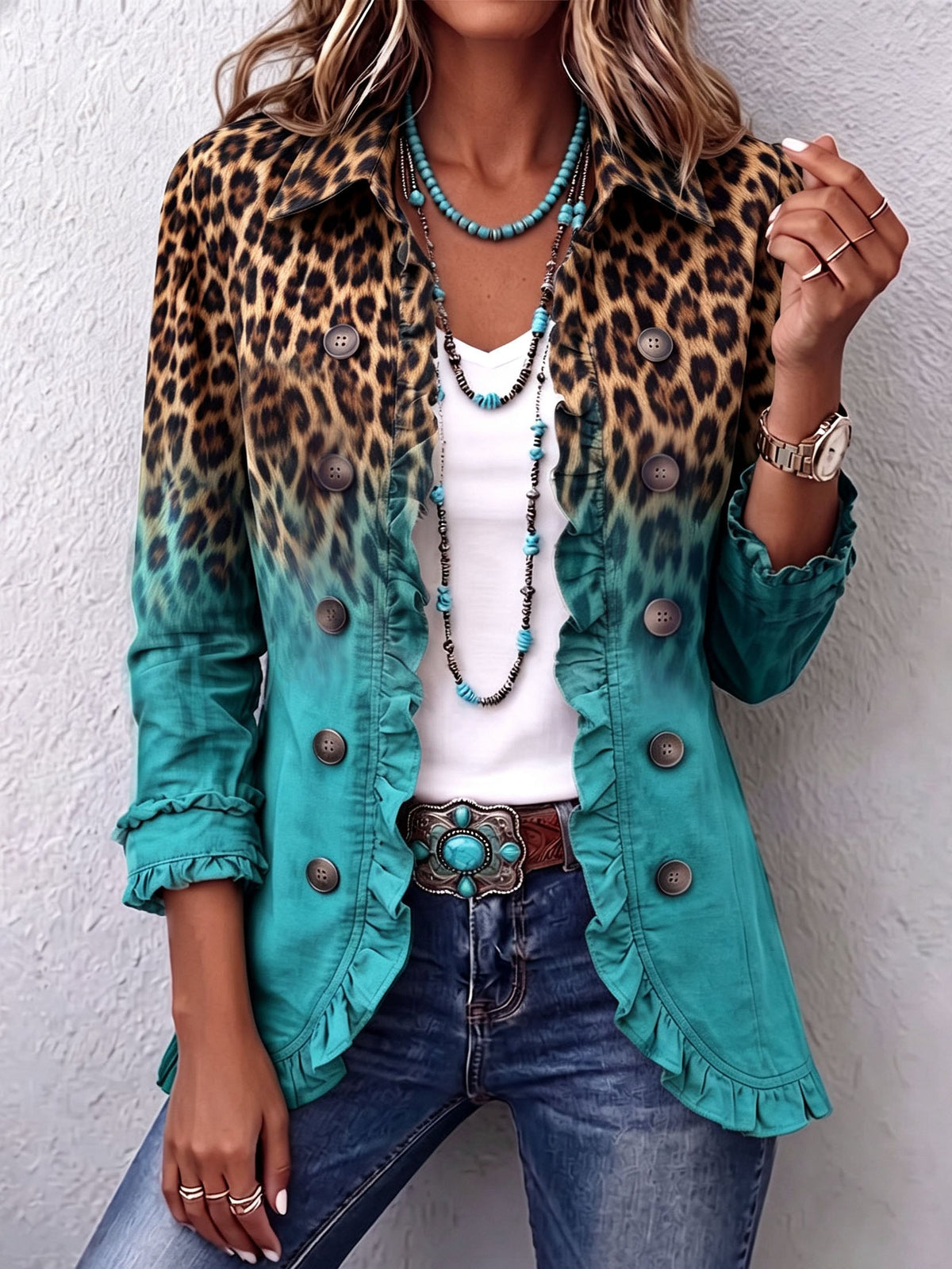 Mercedes ombre leopard ruffle blazer in turquoise, front view with jeans