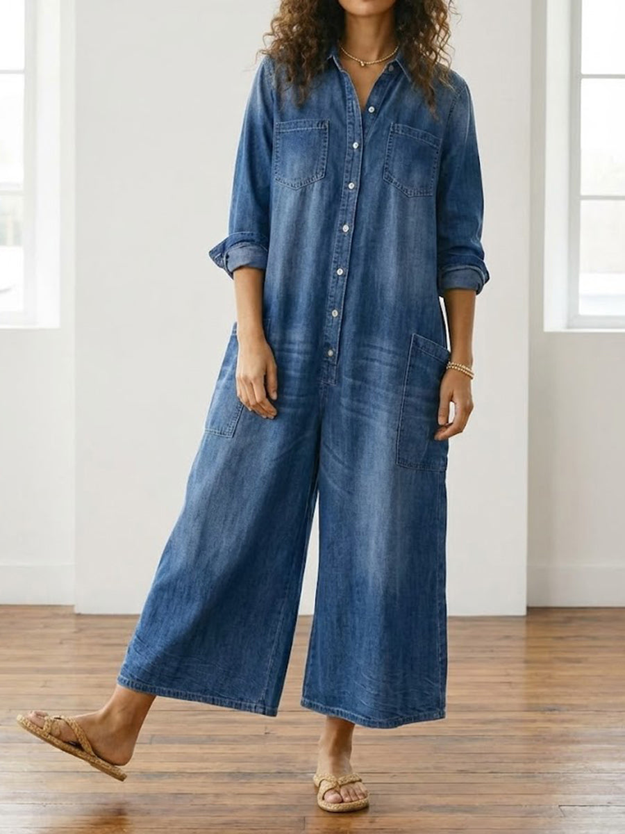 Diana denim jumpsuit in blue, button-front front view