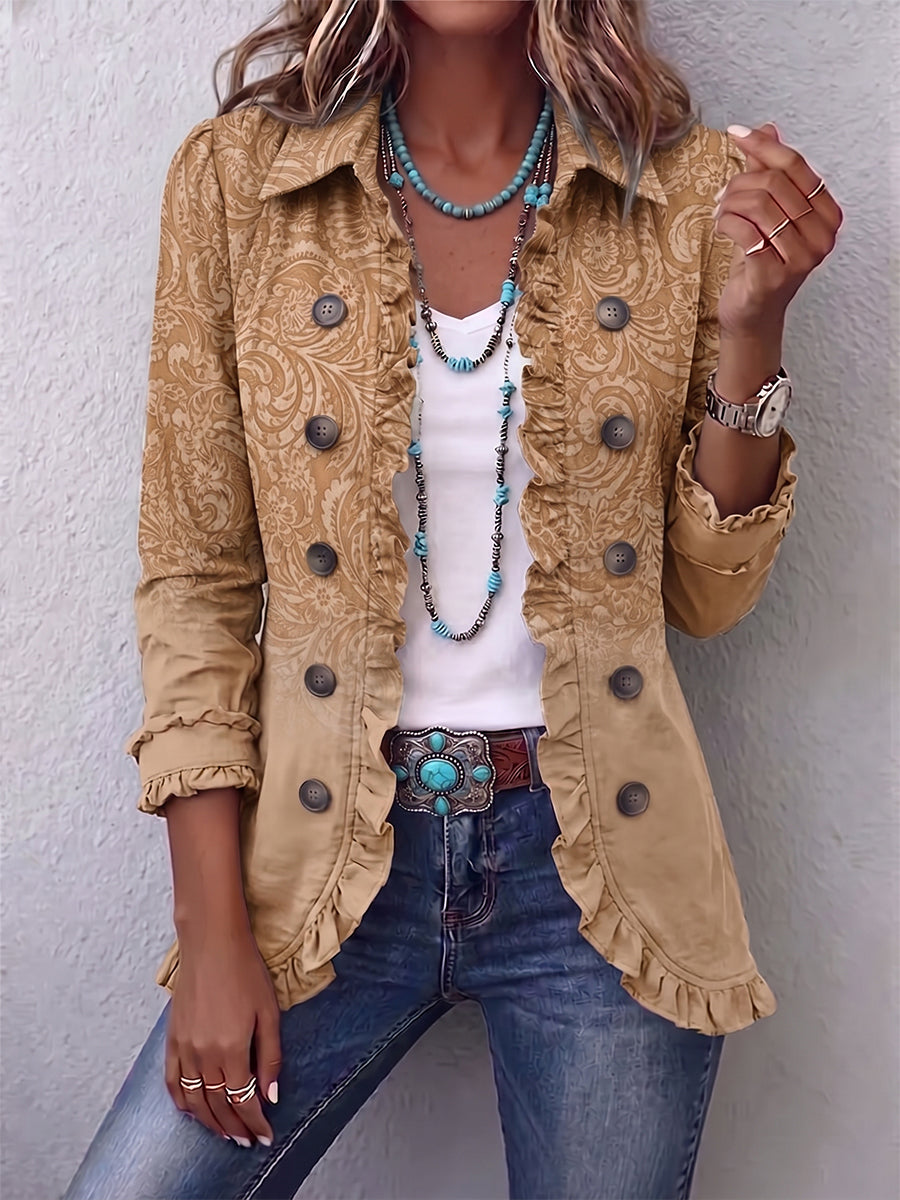 Covadonga textured print jacket in khaki, front view worn with jeans