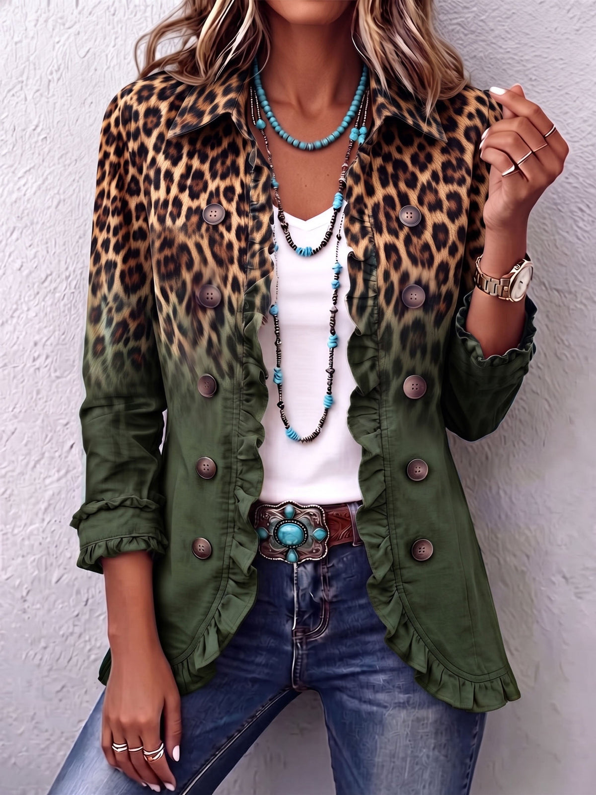 Mercedes ombre leopard ruffle blazer in green, front view