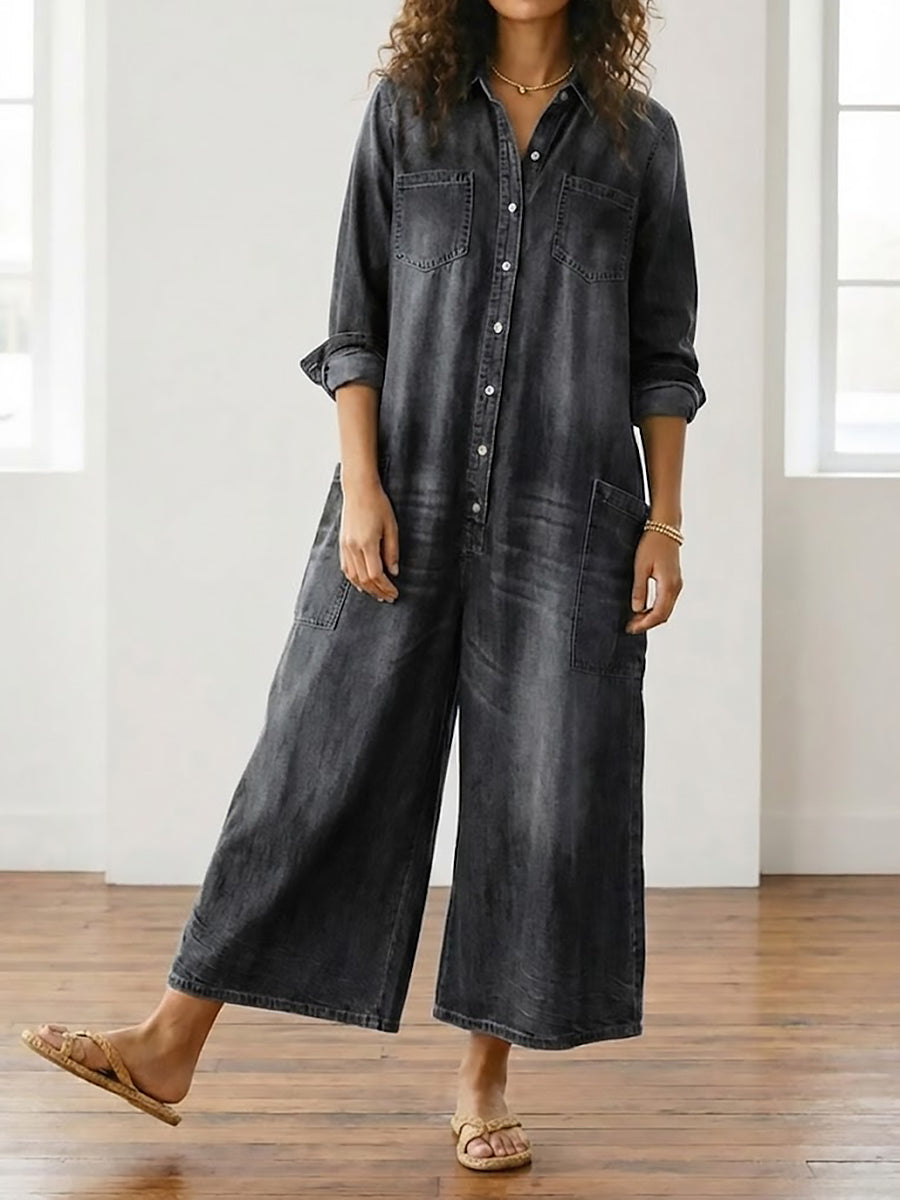 Diana denim jumpsuit in black wash, wide-leg front view