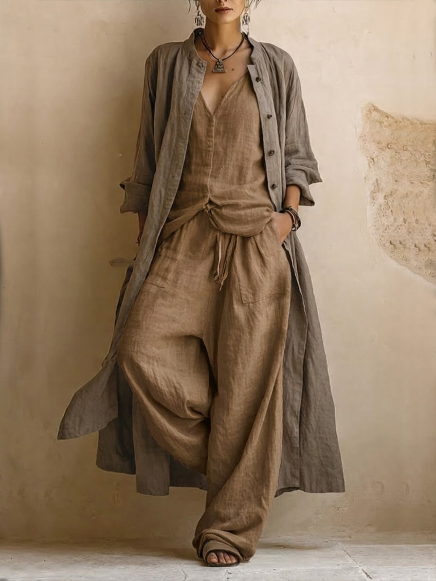 Valentine flowing three-piece set in brown, full-length front view