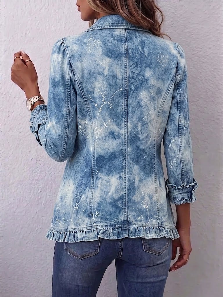 Genoveva ombre botanical ruffle jacket in blue, back view showing ruffle hem